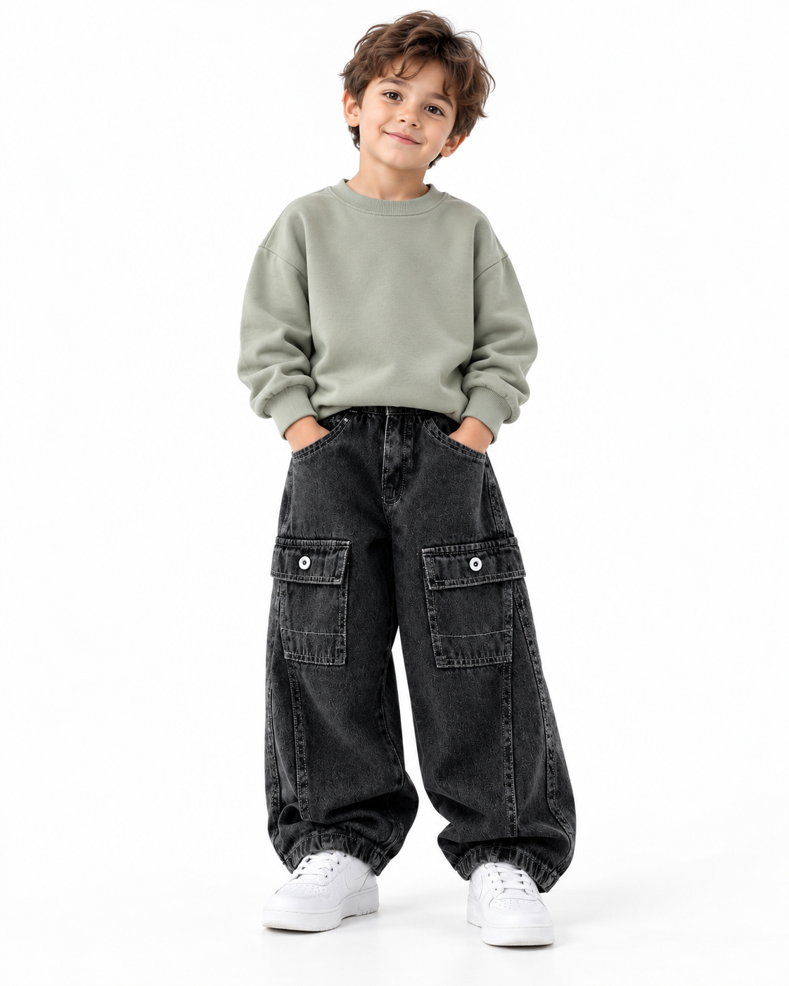 Charcoal Balloon Cargo Jeans model front